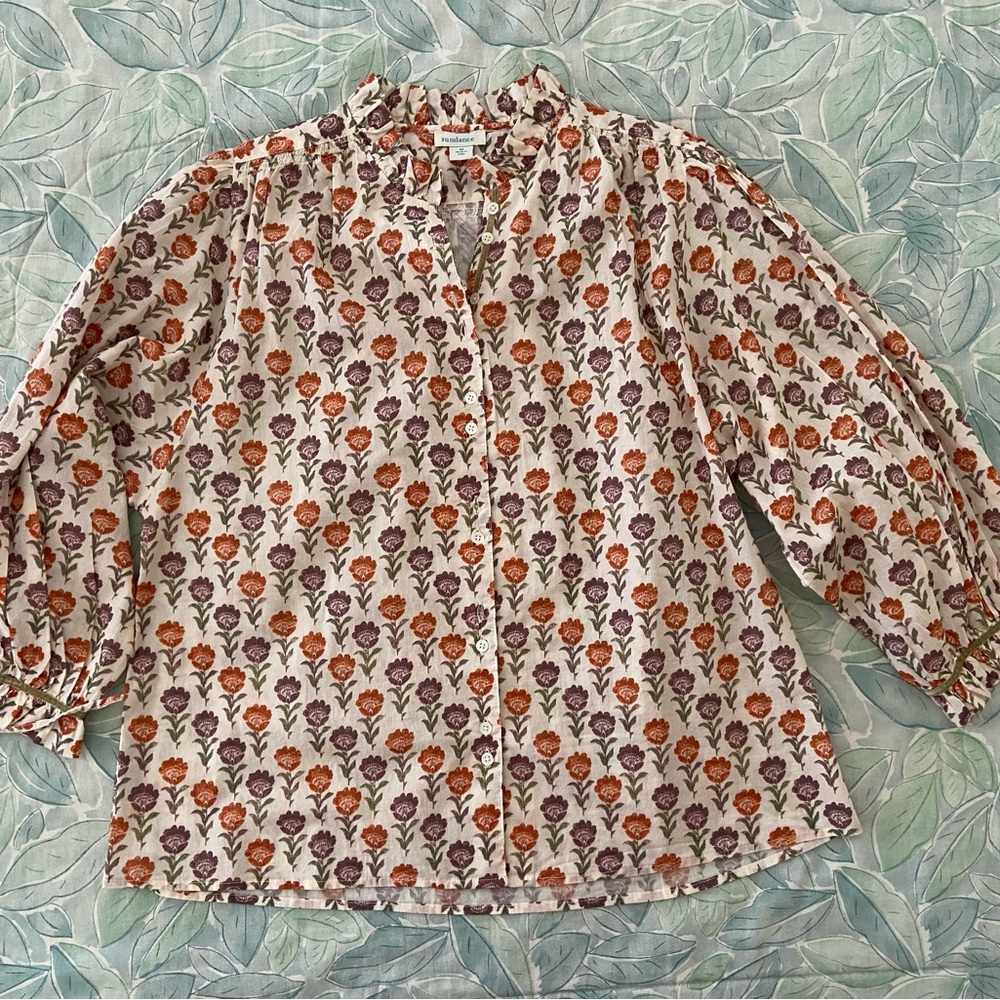 Sundance Ivory Floral Split-Neck Blouse with Orange and Purple Flowers - Picture 2 of 10
